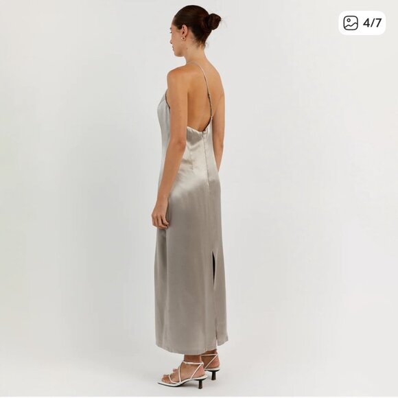 NWT DISSH Rio Pewter Silver Satin One Shoulder Midi Dress Cocktai - Picture 3 of 6
